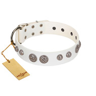 "Celtic Warrior" Handmade FDT Artisan White Leather Bullmastiff Collar with Vintage Decorations "Celtic Warrior" Handmade FDT Artisan White Leather Bullmastiff Collar with Vintage Decorations