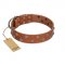 "Waltz of the Flowers" Handmade FDT Artisan Tan Leather Bullmastiff Collar with Chrome-plated Engraved Studs