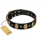 "Gilded Stones" FDT Artisan Black Leather Bullmastiff Collar with Old Bronze-like Ovals and Studs - 1 1/2 inch (40 mm) wide