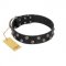 "Power-Flower" FDT Artisan Black Leather Bullmastiff Collar with Two Rows of Silver-like Studs with Engraved Flowers