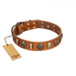 "Strike of Rock" FDT Artisan Tan Leather Bullmastiff Collar with Plates and Medallions with Skulls