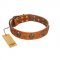 "Rockstar" FDT Artisan Tan Leather Bullmastiff Collar with Engraved Studs and Medallions