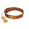 "Bronze Century" FDT Artisan Tan Leather Bullmastiff Collar with Plates and Brooches with Cool Ornament
