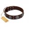 "Hypnotic Stones" FDT Artisan Brown Leather Bullmastiff Collar with Chrome Plated Brooches and Square Studs