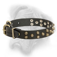 Chic Leather Bullmastiff Collar with 3 Rows of Brass Pyramids