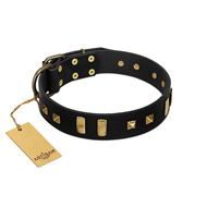 "Fit for Royalty" FDT Artisan Black Leather Bullmastiff Collar with Plates and Small Square Studs