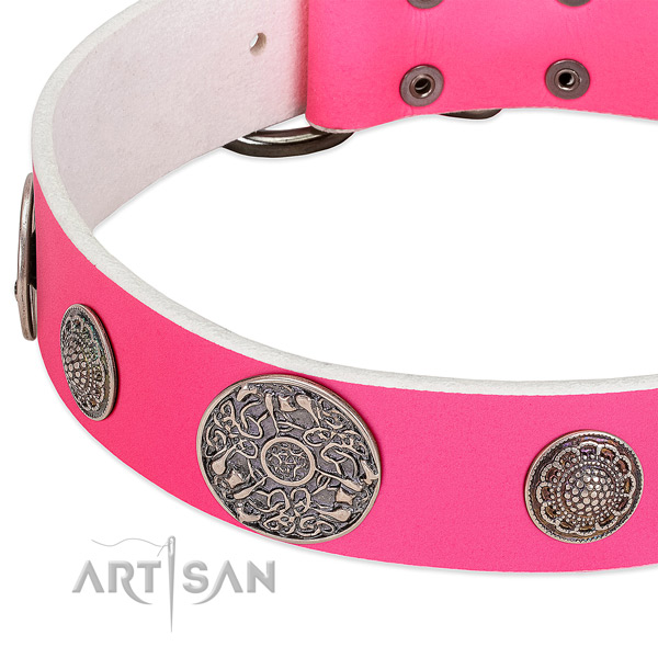 Strong D-ring on genuine leather dog collar