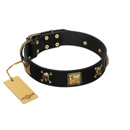 "Welcome on Board" FDT Artisan Black Leather Bullmastiff Collar with Skulls and Crossbones Combined with Squares