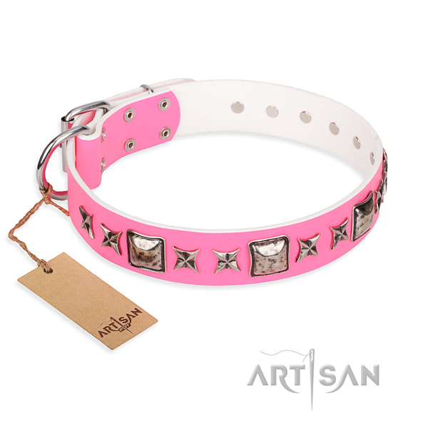 Natural genuine leather dog collar made of quality material with rust-proof hardware