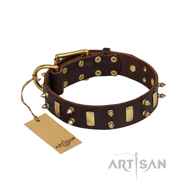 Comfortable wearing dog collar of high quality full grain natural leather with studs
