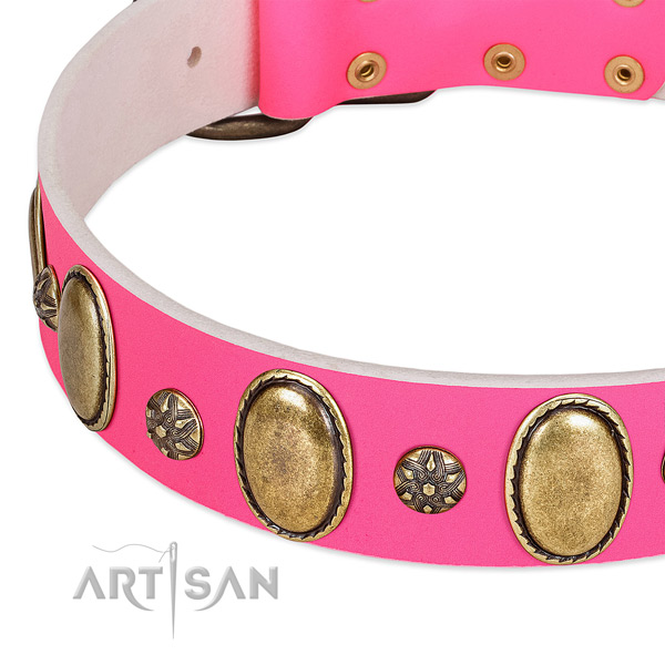 Gentle to touch full grain genuine leather dog collar with rust-proof fittings