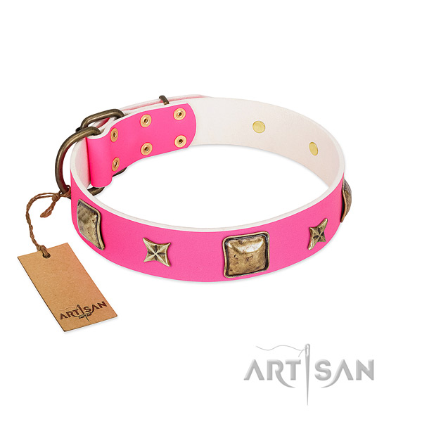 Full grain genuine leather dog collar of gentle to touch material with remarkable decorations