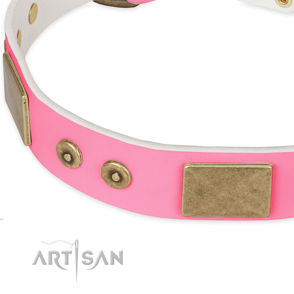 Genuine leather dog collar with adornments for easy wearing