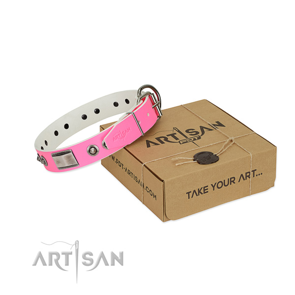 Handcrafted dog collar of full grain natural leather with embellishments
