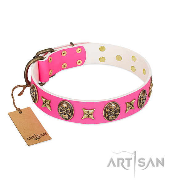 Full grain natural leather dog collar with corrosion proof decorations