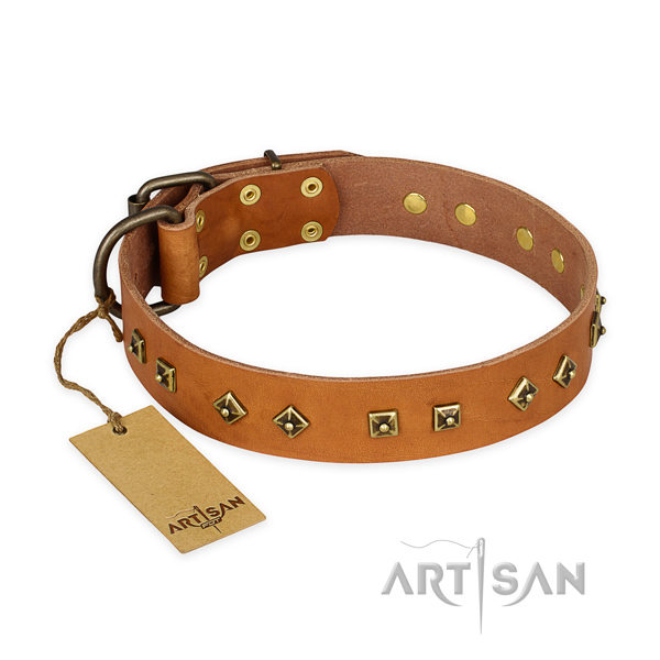 Embellished genuine leather dog collar with corrosion resistant traditional buckle