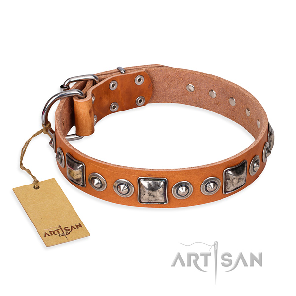 Leather dog collar made of flexible material with durable traditional buckle