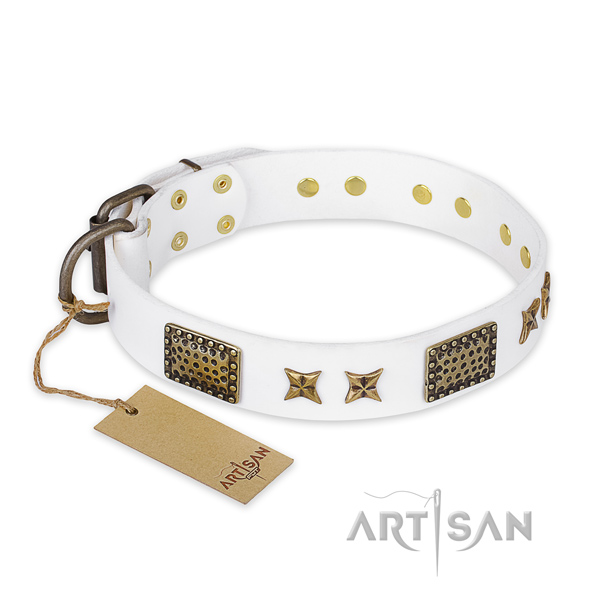Adjustable genuine leather dog collar with corrosion proof D-ring