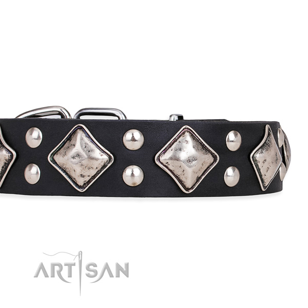 Genuine leather dog collar with top notch reliable studs