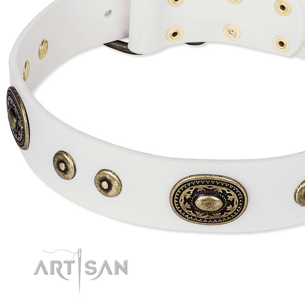 Full grain genuine leather dog collar made of soft to touch material with adornments