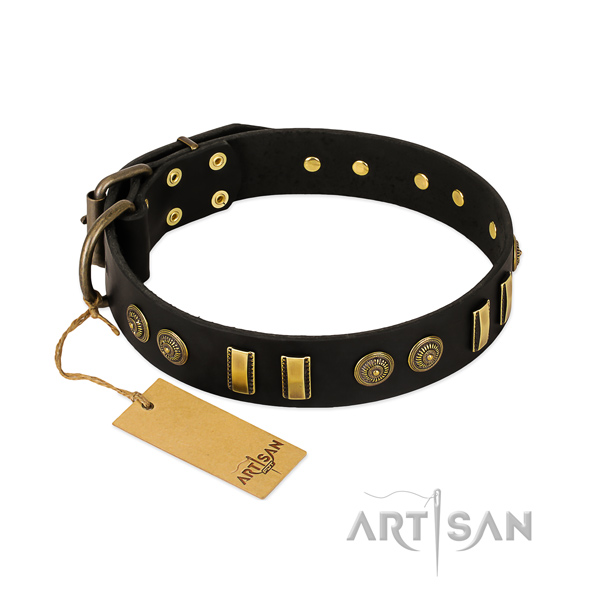 Corrosion proof adornments on genuine leather dog collar for your doggie