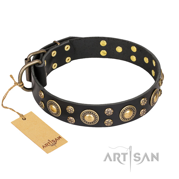 Handy use dog collar of durable genuine leather with studs