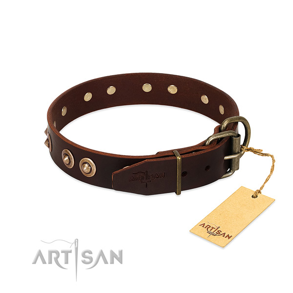 Corrosion resistant D-ring on full grain leather dog collar for your pet