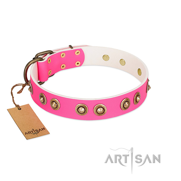 Embellished genuine leather dog collar for easy wearing