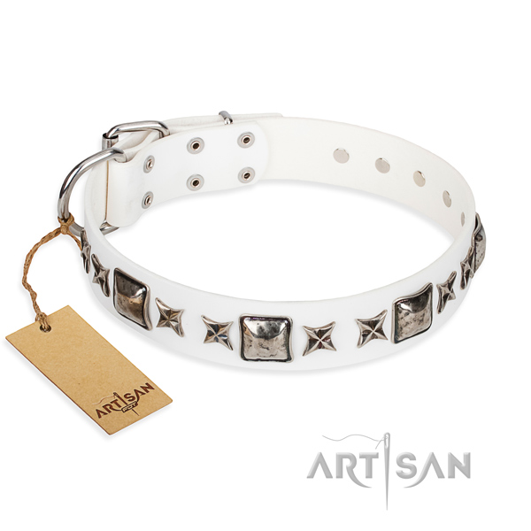 Comfortable wearing dog collar of strong full grain genuine leather with studs
