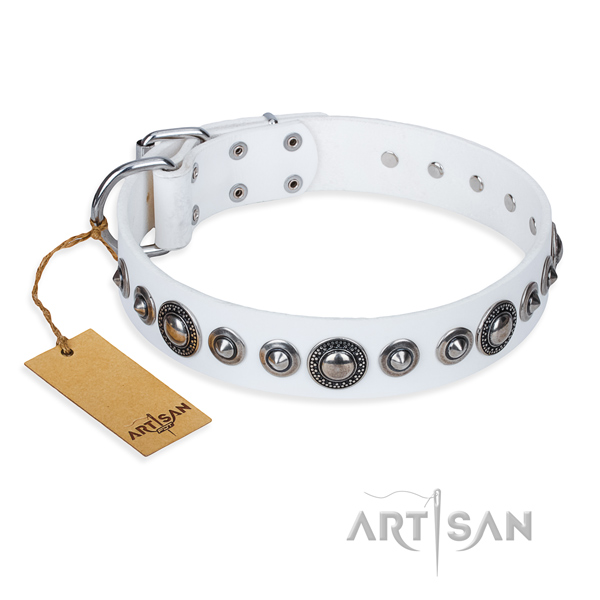 Full grain natural leather dog collar made of soft to touch material with corrosion resistant traditional buckle