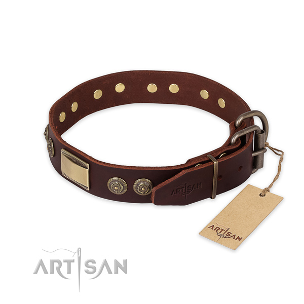 Corrosion proof D-ring on natural genuine leather collar for everyday walking your four-legged friend