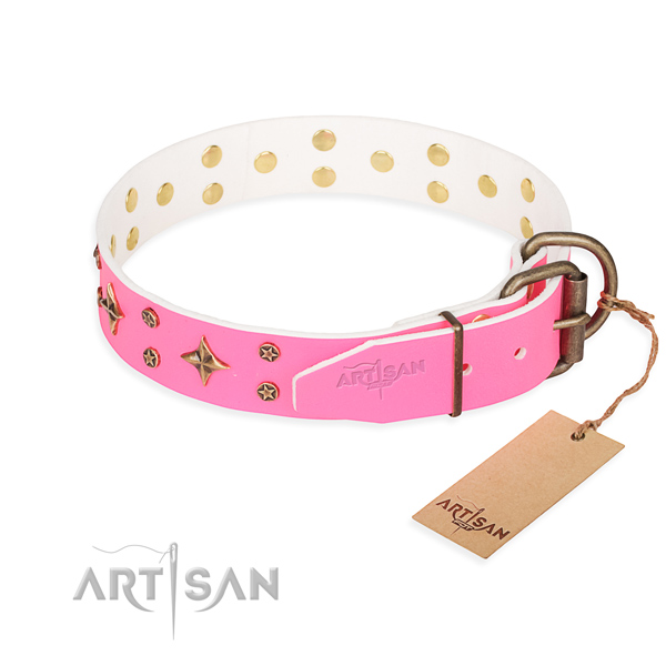 Comfy wearing adorned dog collar of fine quality leather