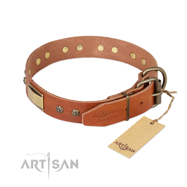 Leather dog collar with rust-proof traditional buckle and decorations