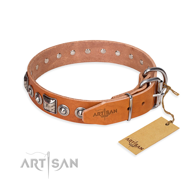 Genuine leather dog collar made of soft to touch material with corrosion proof studs