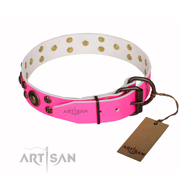 Easy wearing adorned dog collar of quality full grain genuine leather