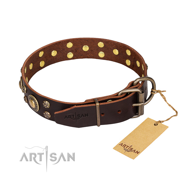 Easy wearing adorned dog collar of finest quality genuine leather