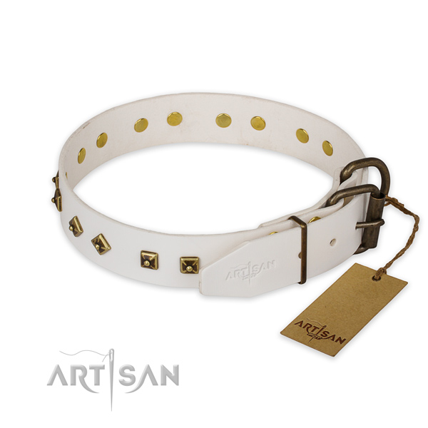 Corrosion resistant hardware on genuine leather collar for stylish walking your canine