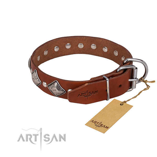 Handy use studded dog collar of reliable natural leather