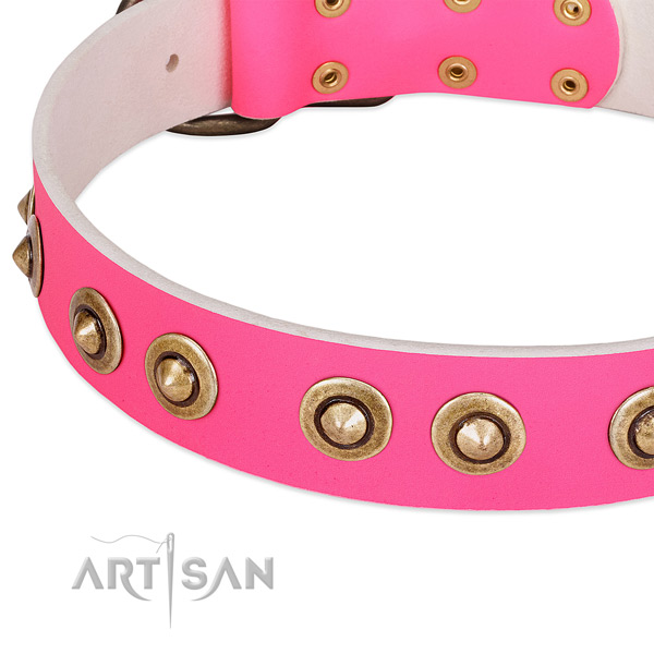 Corrosion resistant D-ring on natural genuine leather dog collar for your doggie