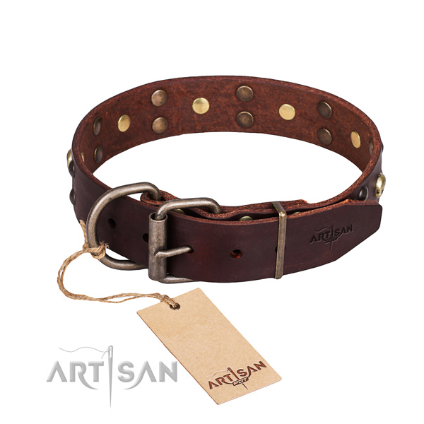 Basic training decorated dog collar of strong genuine leather