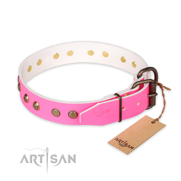 Reliable D-ring on full grain natural leather collar for your stylish canine