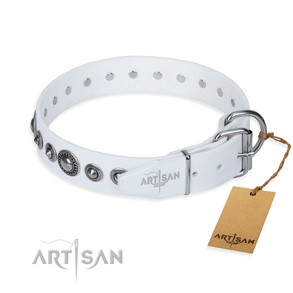 Leather dog collar made of soft to touch material with corrosion resistant embellishments