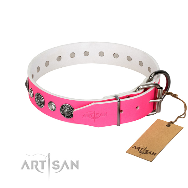 Gentle to touch Full grain natural leather dog collar with corrosion proof fittings