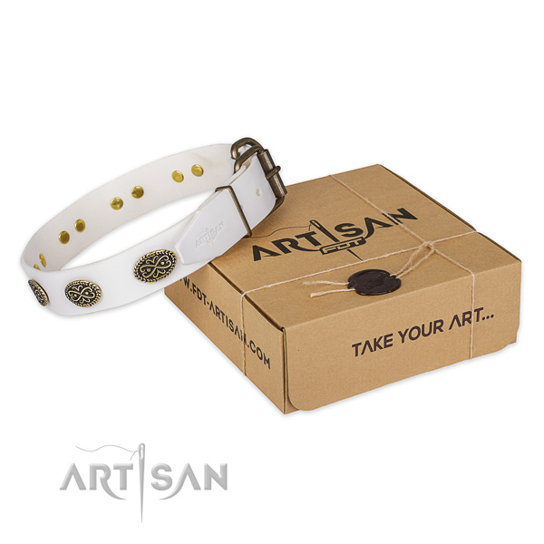 Rust-proof D-ring on full grain natural leather collar for your stylish dog