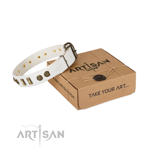 Durable buckle on natural leather dog collar for your pet