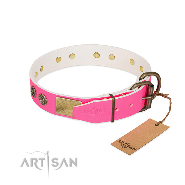 Strong D-ring on full grain natural leather collar for daily walking your doggie