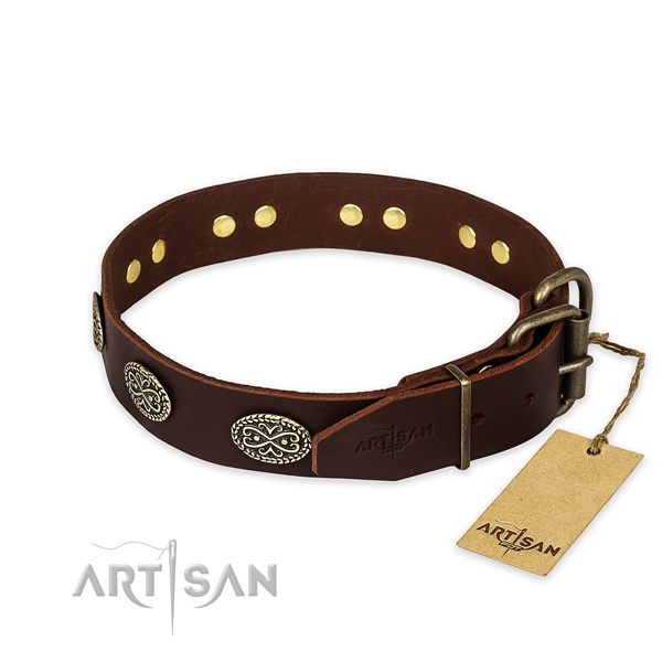 Durable hardware on natural genuine leather collar for your handsome dog