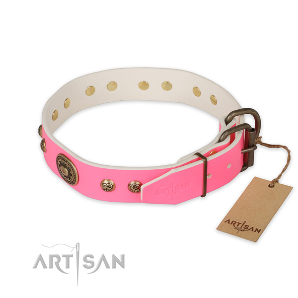 Rust-proof D-ring on natural genuine leather collar for daily walking your pet