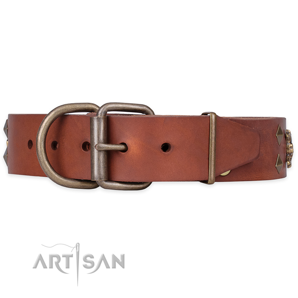 Comfy wearing embellished dog collar of quality genuine leather