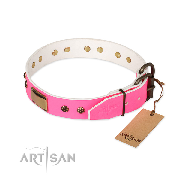 Genuine leather dog collar with corrosion proof fittings and adornments